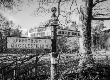 Cheshire road sign — Prestbury, Macclesfield, Alderley Edge
